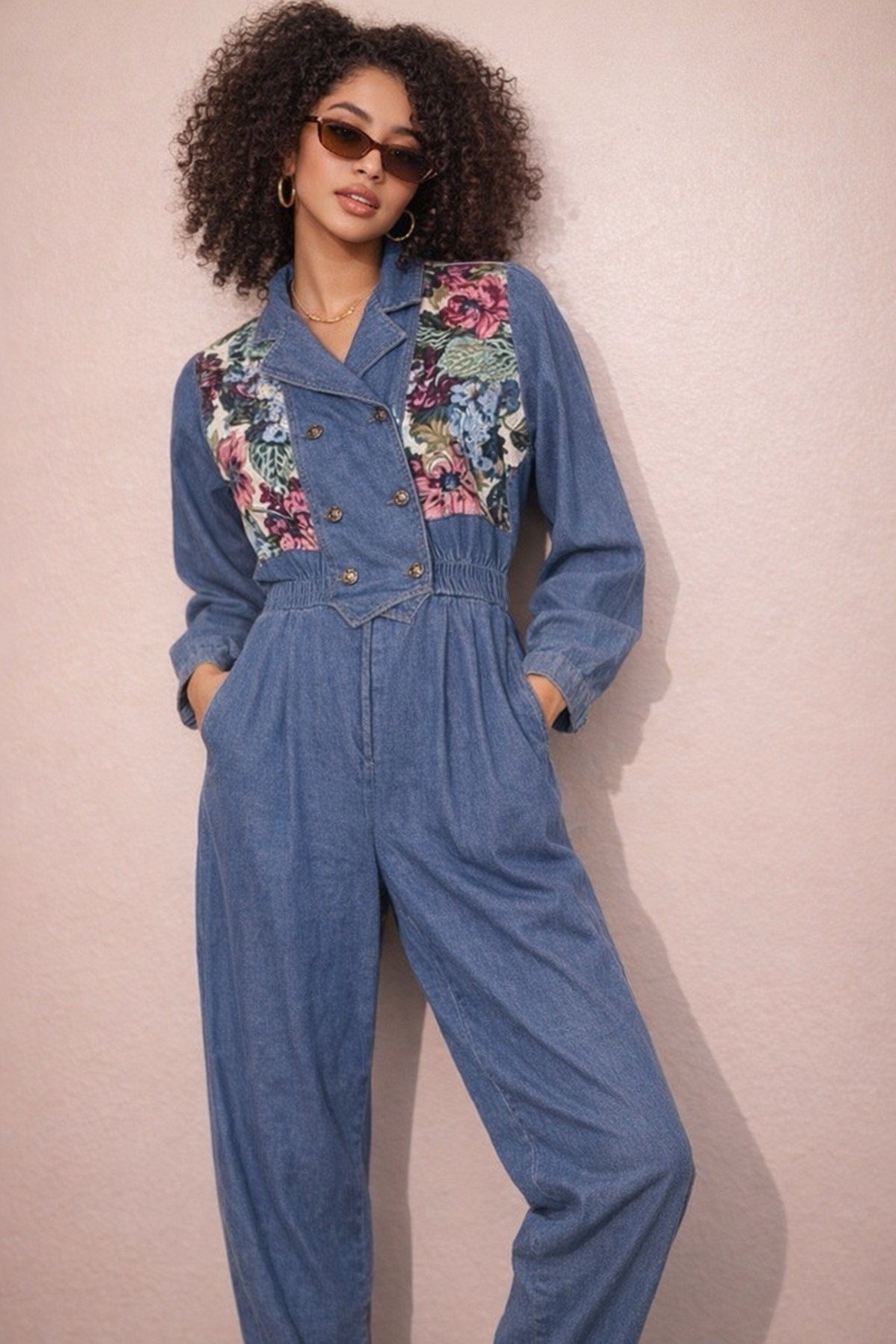 Vintage Floral Dbl Breast Denim 10 jumpsuit Coquette Y2K 80’s retro Mom Elastic