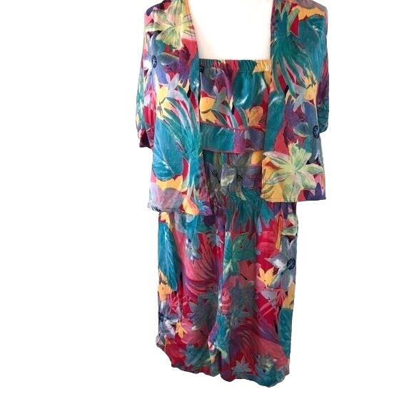Romper Jacket Set Vintage Womens Medium Blue Short Sleeve Retro Ruffle Floral