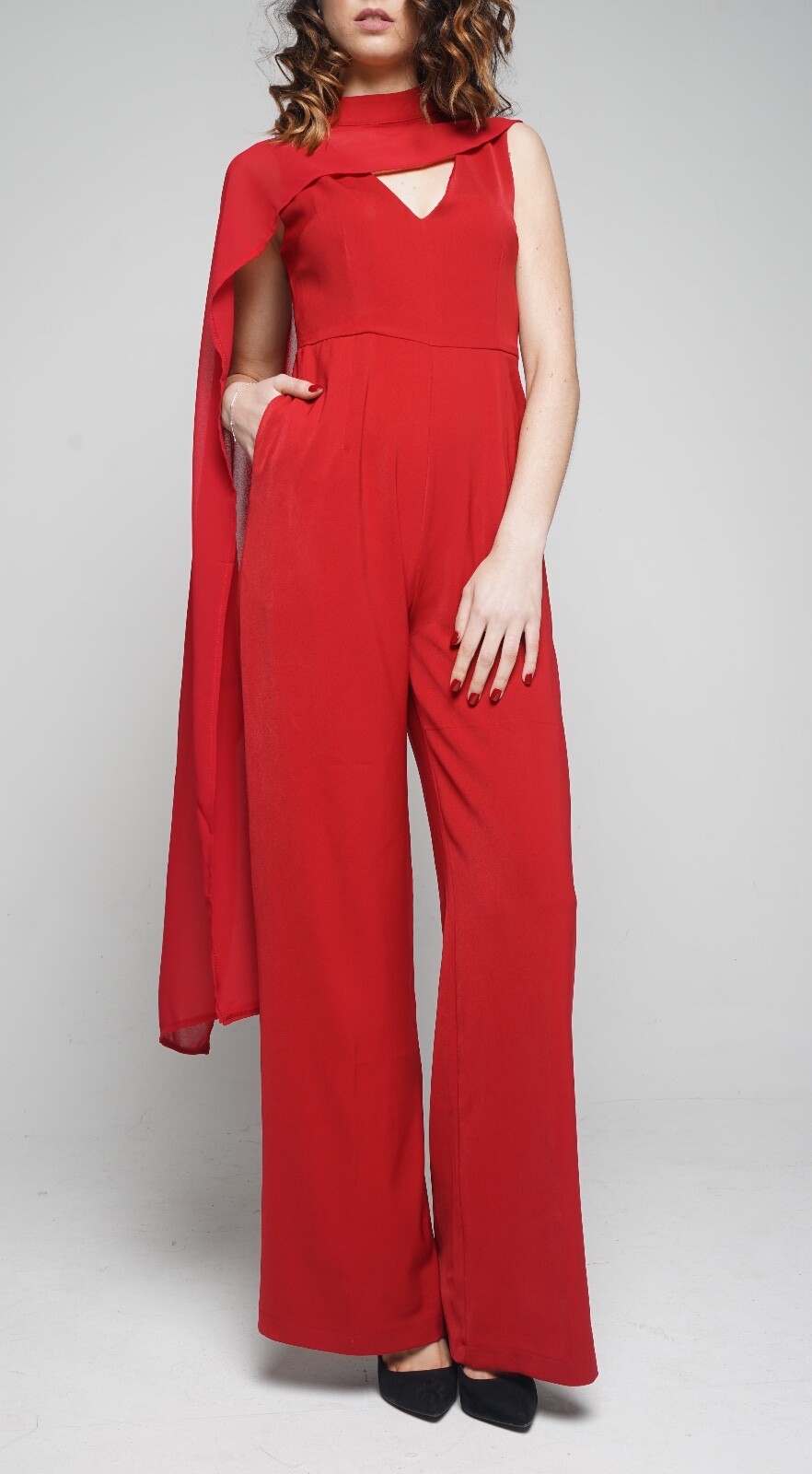 Womens Jumpsuit Red White V Neck Sleeveless Wide Leg Scarf Pockets Various Size