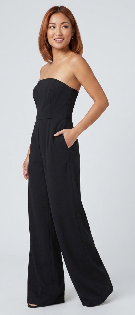 Black Solid Strapless Sleeveless Pocket Zip Wide-Leg Jumpsuit M