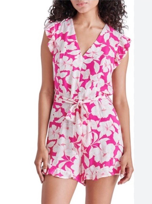 Steve Madden Romper Pink Floral 100% Rayon Ruffle V Neck Flutter Sleeve Women XS