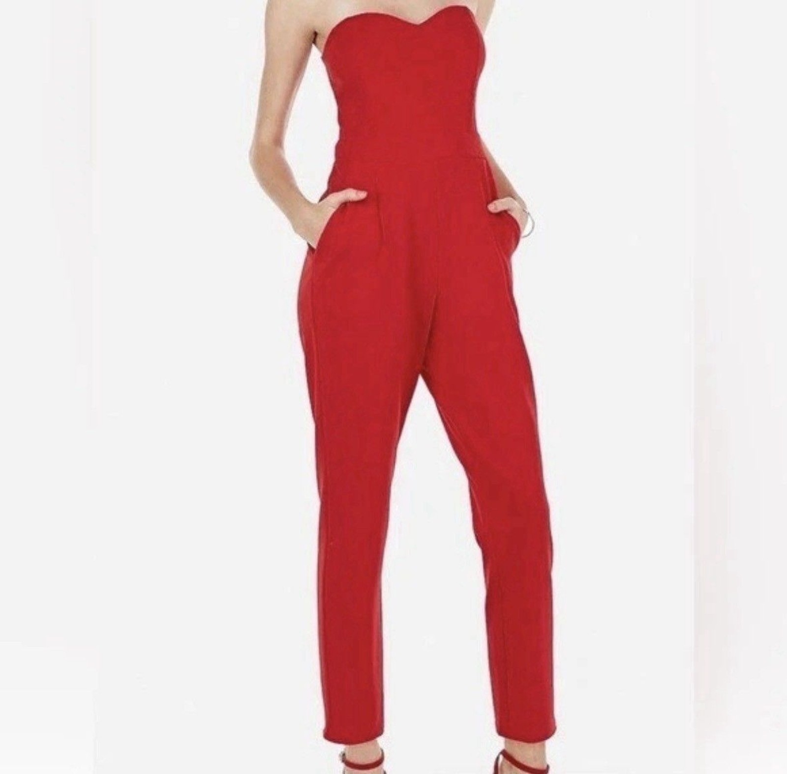 NEW Express Bright Coral Red Strapless Jumpsuit Sz 10 Party Wedding Guest Office