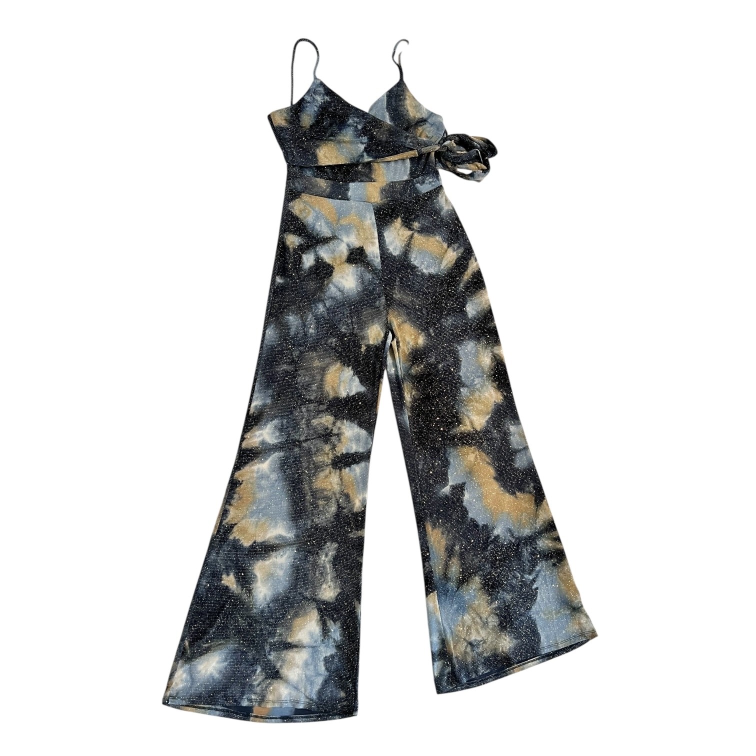 Metallic Galaxy Marble Print Wide Leg Jumpsuit L Wrap Empire Waist Y2K Boho USA