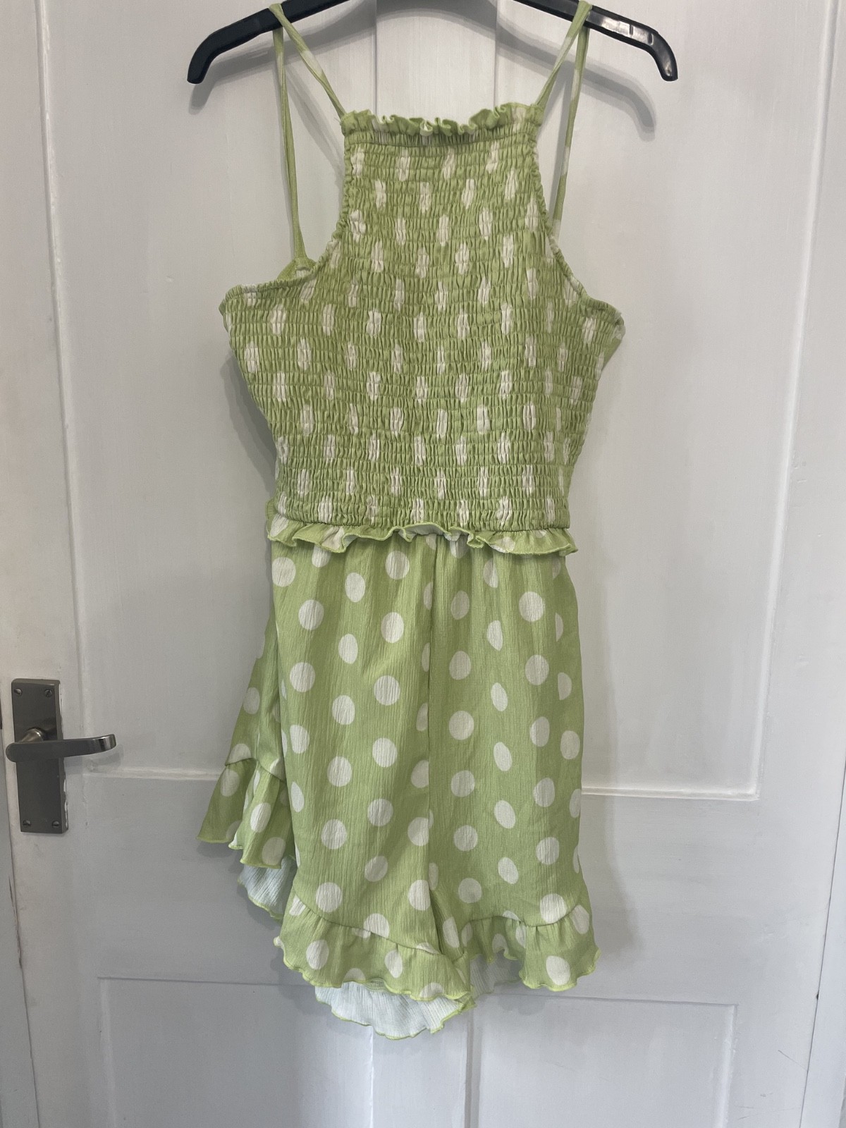 River Island Green Polka Dot Shirred Playsuit Size M Tie Back Summer Romper