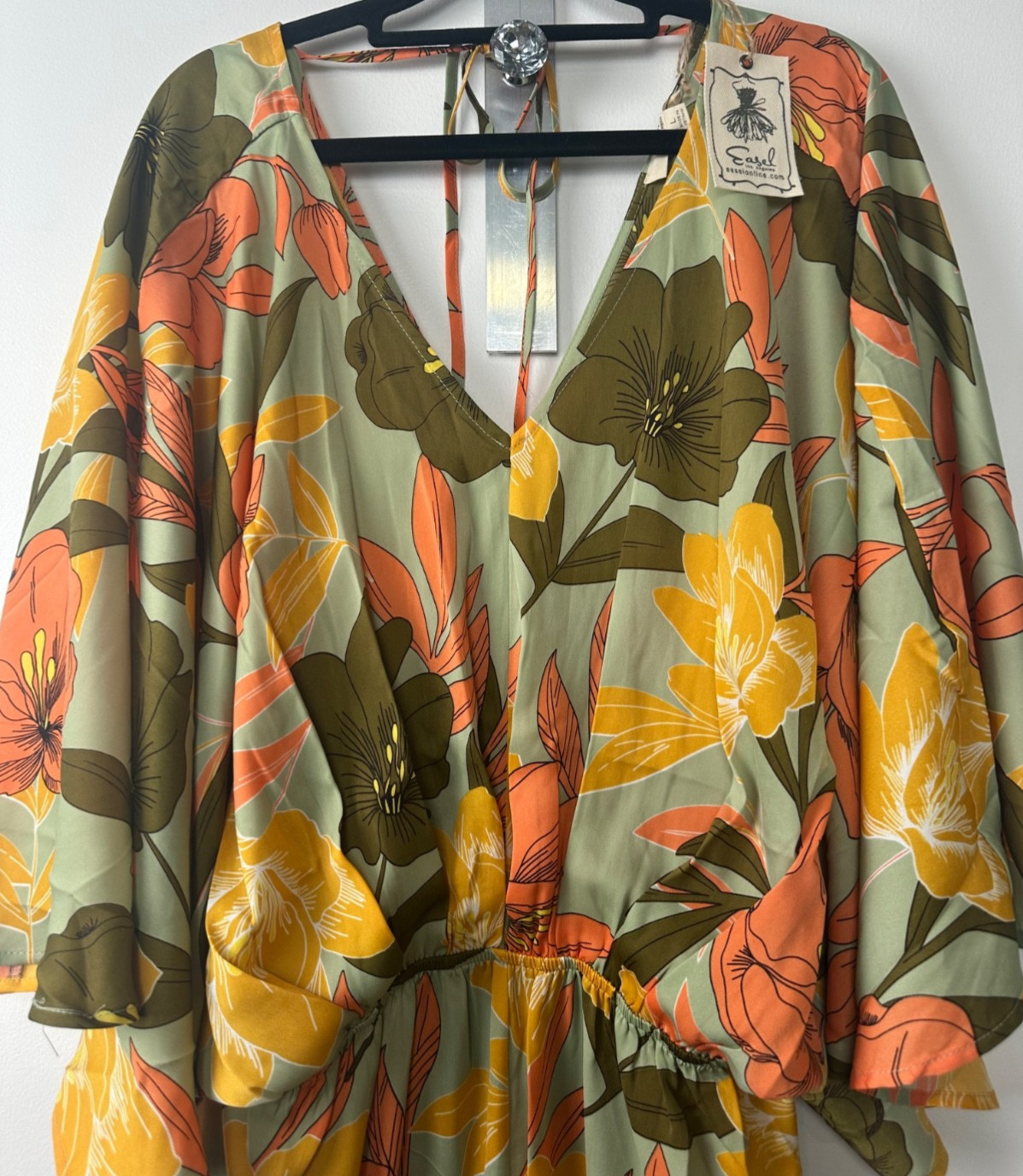 NEW EASEL olive & mango Jumpsuit, Pockets tie-back, L Boho Beach Relaxed C28