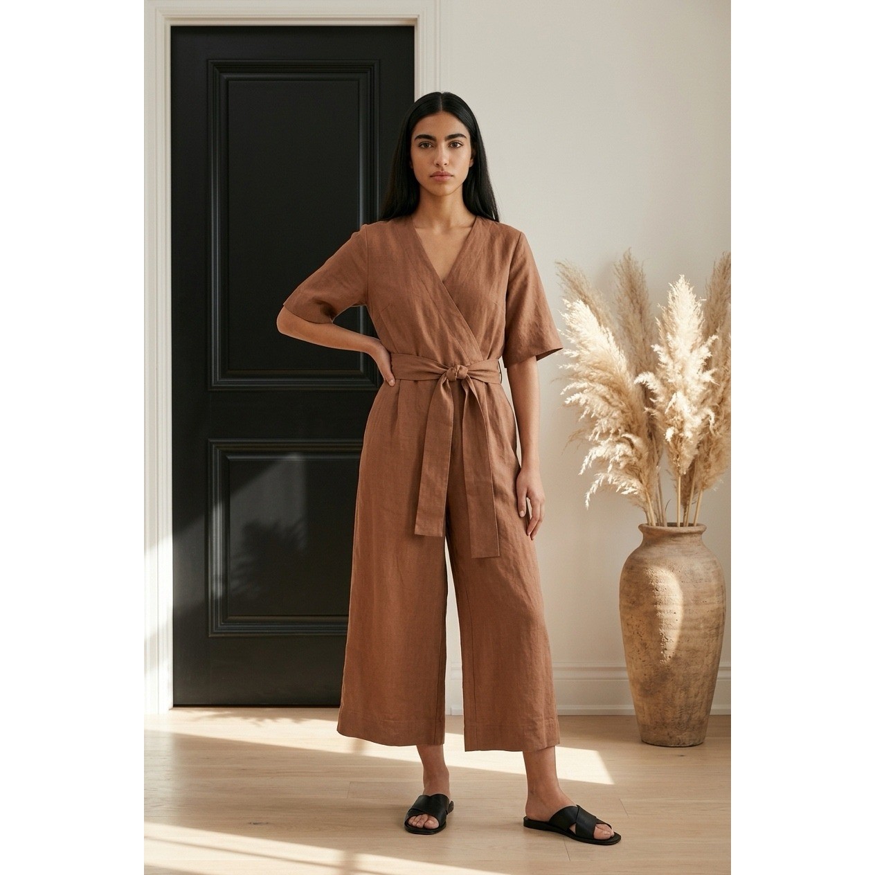 Everlane Linen Short-Sleeve Wrap Jumpsuit Brown Size 4 European Flax Wide Leg
