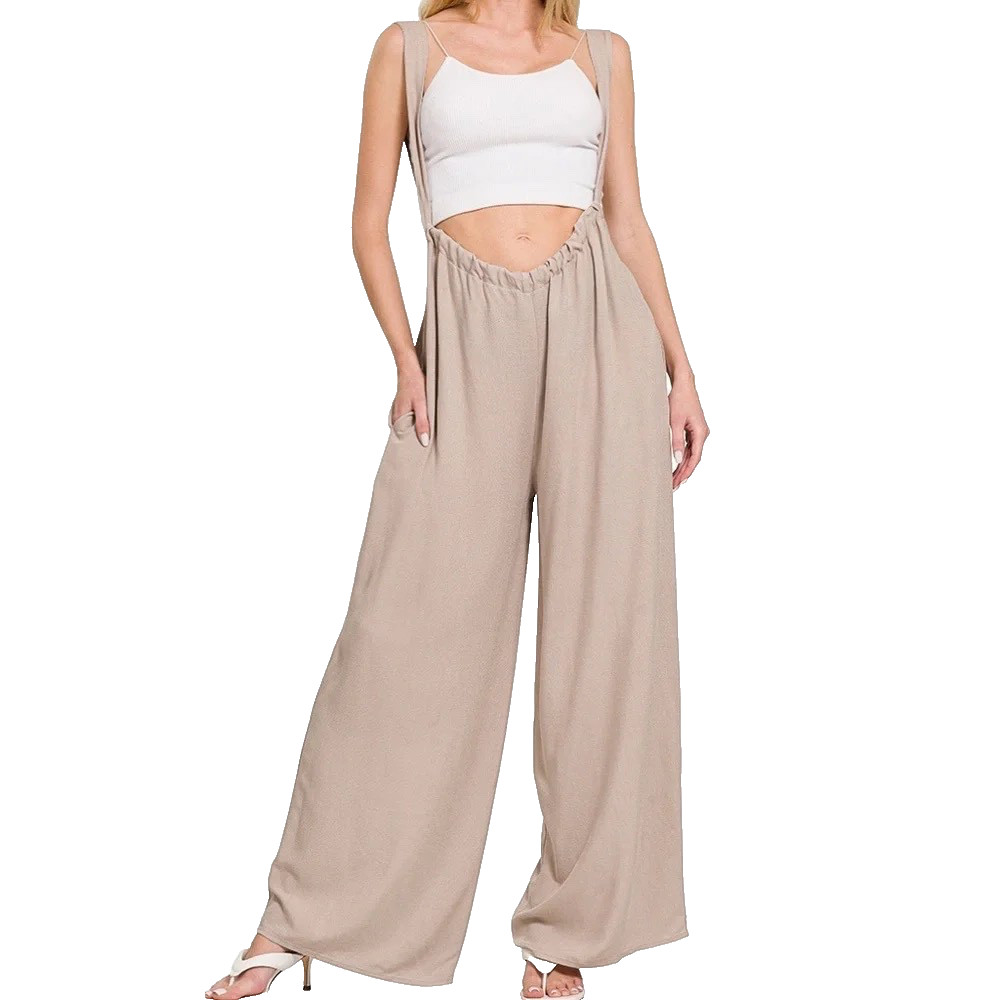 New Zenana Womens Wide Leg Suspender Jumpsuit Boho Summer Relaxed Sand Small