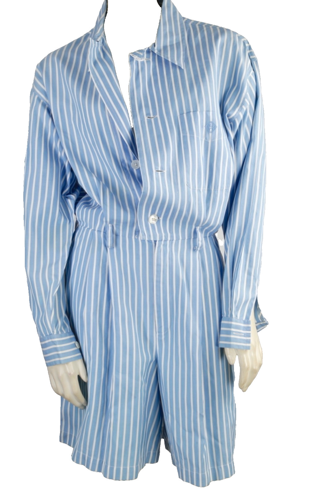 Vintage Ralph Lauren Romper 10 Blue White Striped Cotton Long Sleeve Shorts Jump