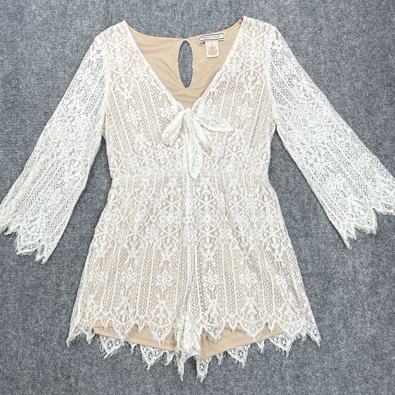 Flying Tomato Romper Womens Medium Long Bell Sleeve Lace Overlay Keyhole Back