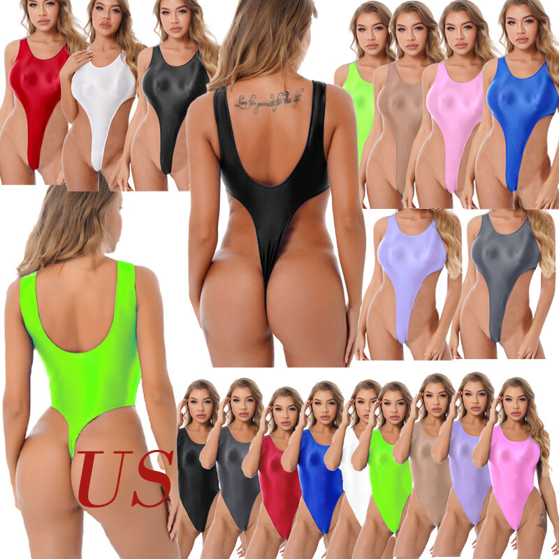 US Women Sexy Shiny Tights Backless Bodysuit Swimsuit Glossy Lingerie Jumpsuits