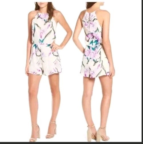 Leith Floral Cutout Romper Women’s Small Ivory Purple Going Out Summer Lined