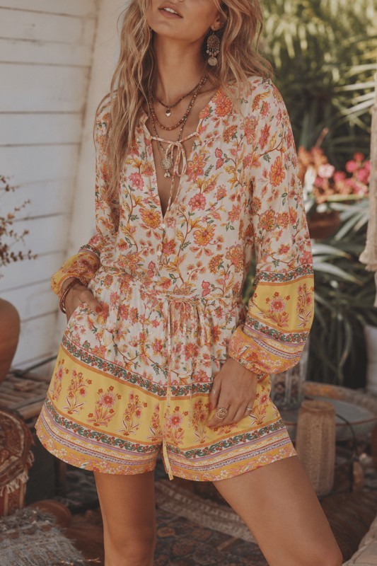 Boho Floral Border Print Romper Long Balloon Sleeve 100% Rayon Pockets S/M/L