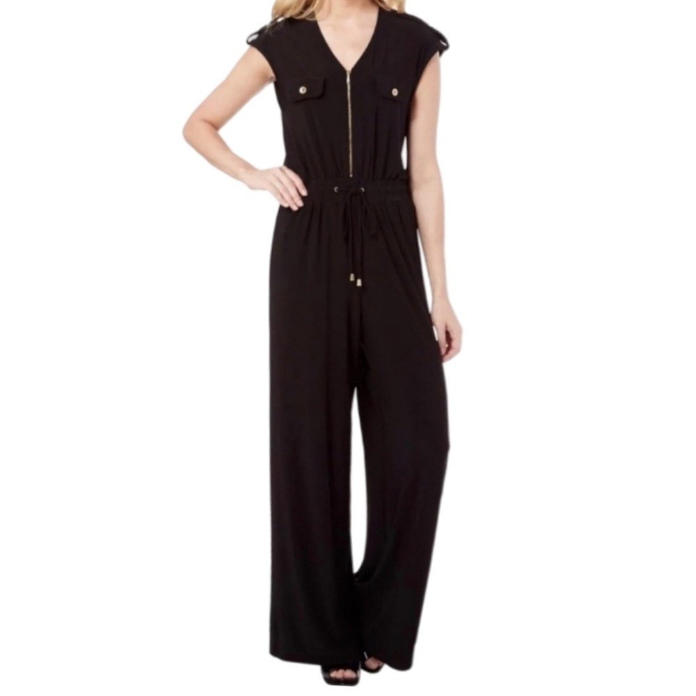 Emma & Michele Womens Wide Leg Jumpsuit Black Travel Party Office Athleisure