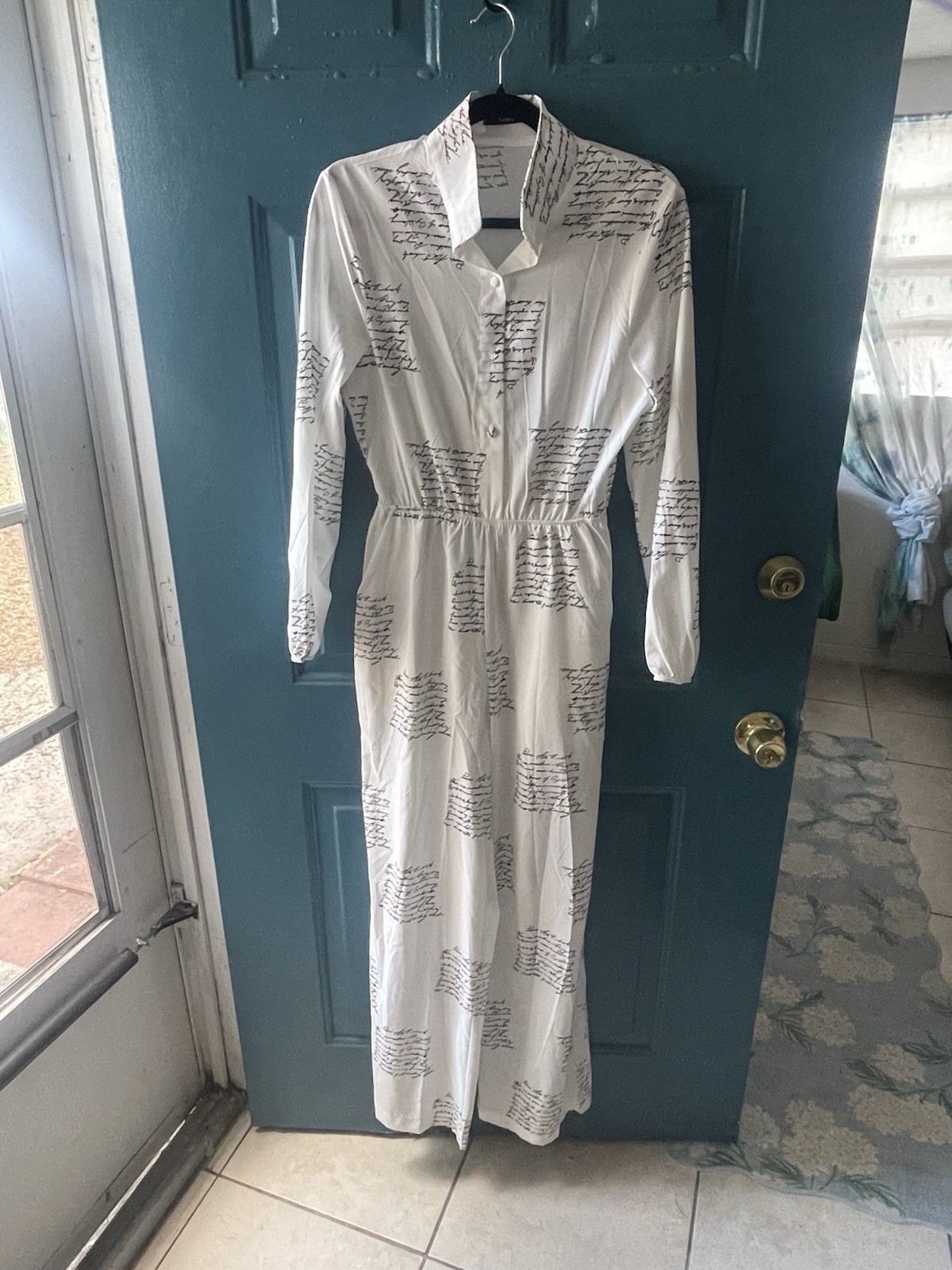 CBR White Script Bond Girl Glam Fashion Jumpsuit Pantsuit Women’s Size Small
