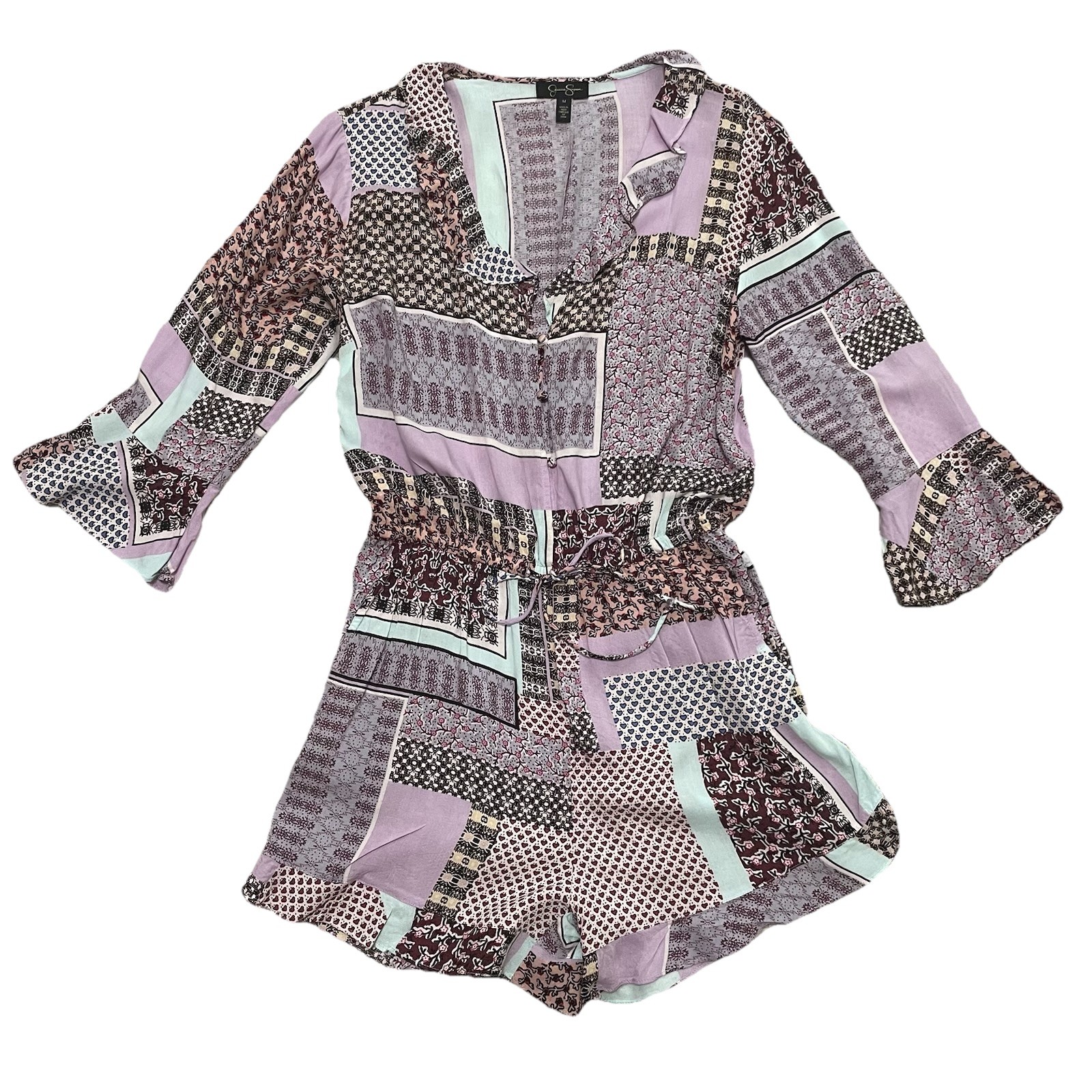 Jessica Simpson Romper Purple Patchwork Drawstring Ruffle Shorts Womens Sz M