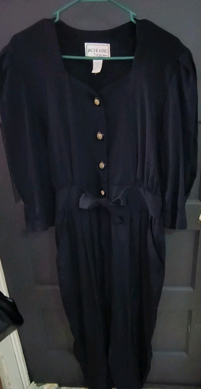 Vtg Jackie & Eric Black Jumpsuit Womens M/L Sweetheart Neck Puff Sleeve Goth 70s