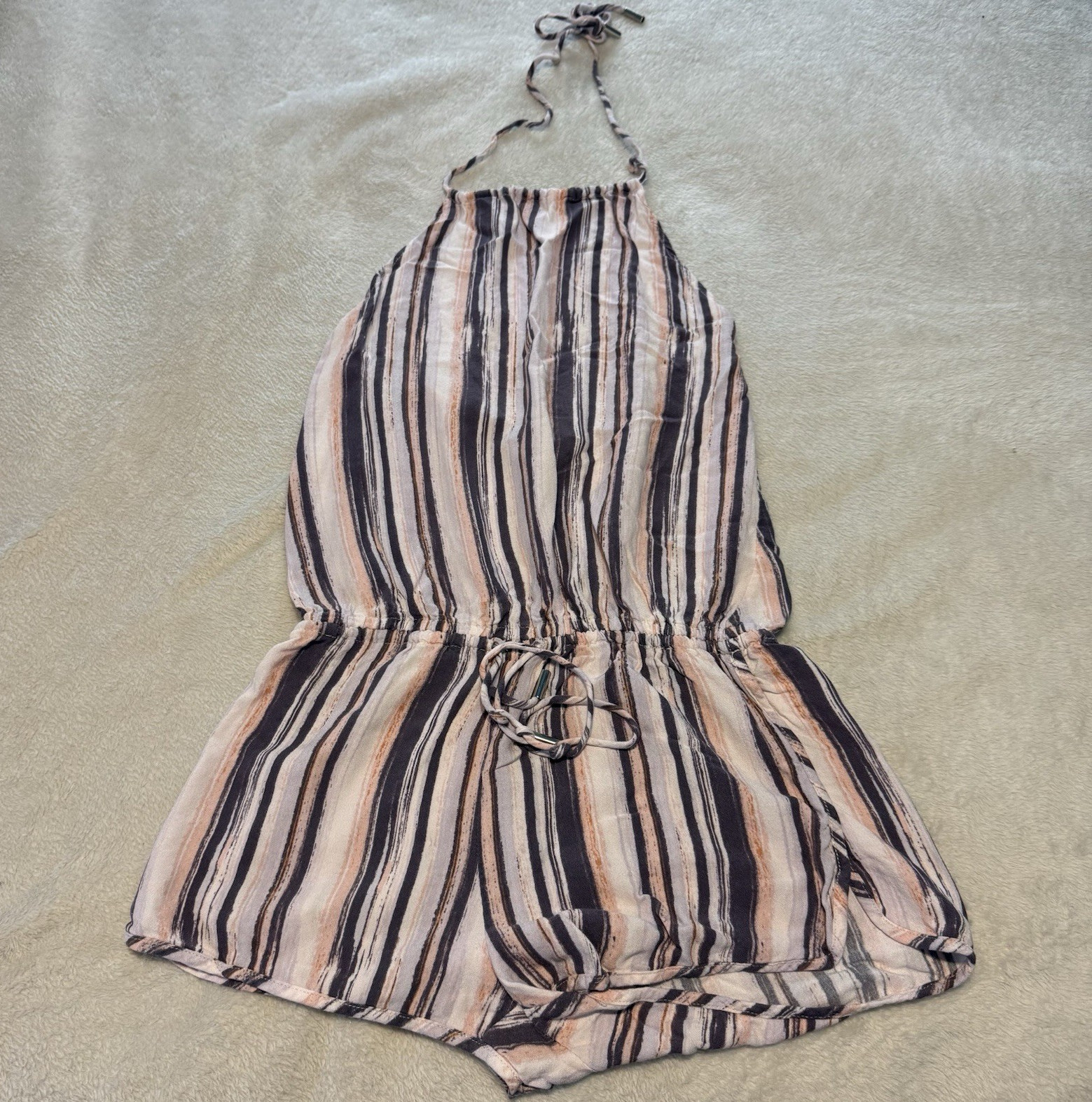 Lulus Beige Black White Striped Halter Neck Pullover Sleeveless Romper Size S