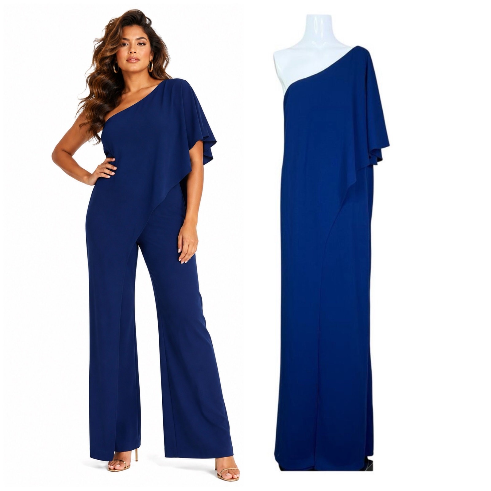 Adrianna Papell | One Shoulder Draped Navy Wide Leg Formal Plus Size Jumpsuit 18