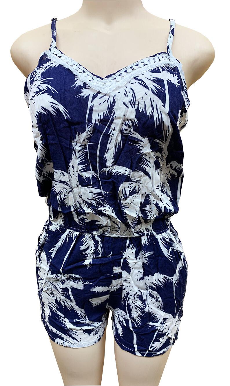 Women Jumpsuit Romper Holiday Summer Sundress Navy Base Palm Tree XL