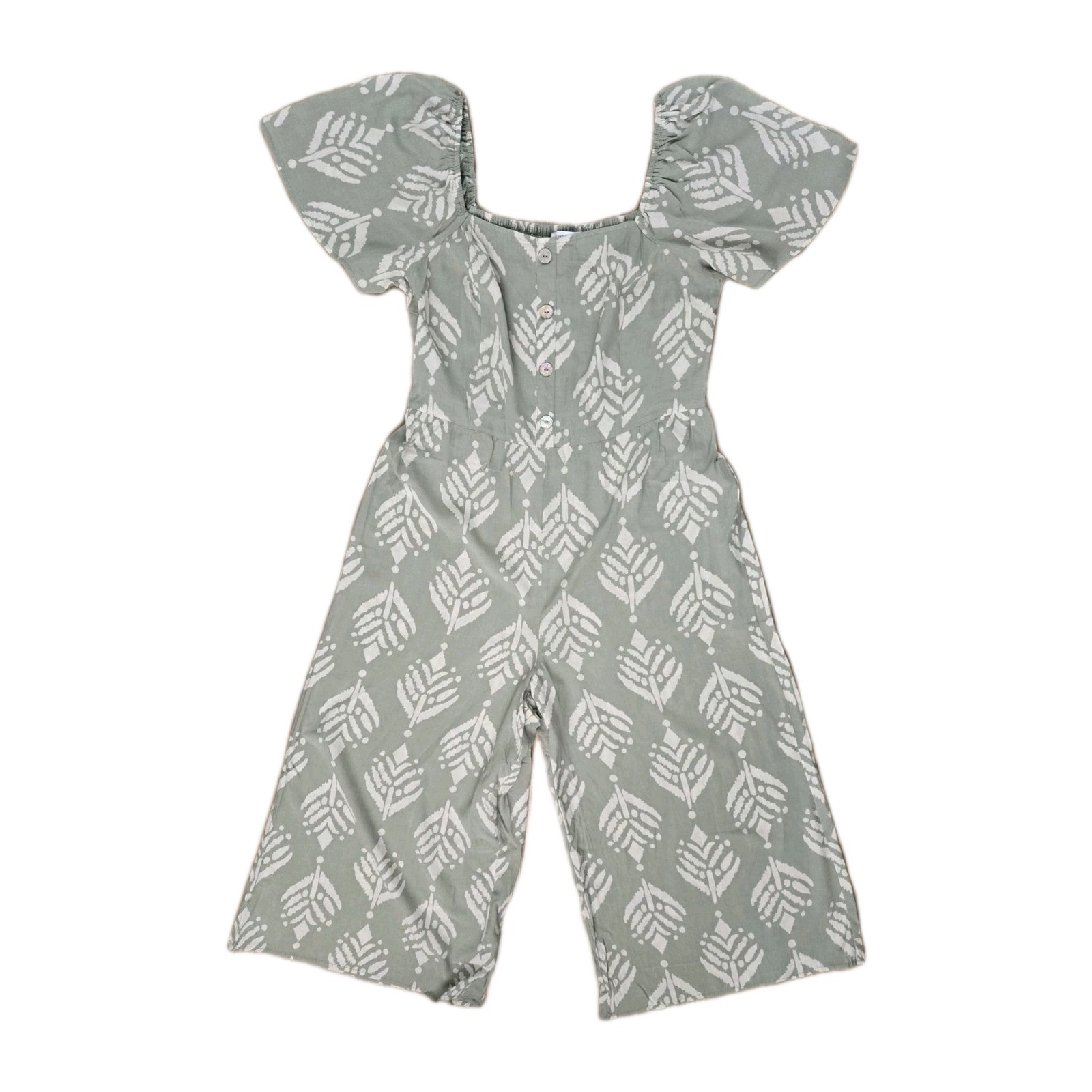 Luxology Sage Green Batik Print Boho Festival Jumpsuit Off Shoulder Wide Leg L