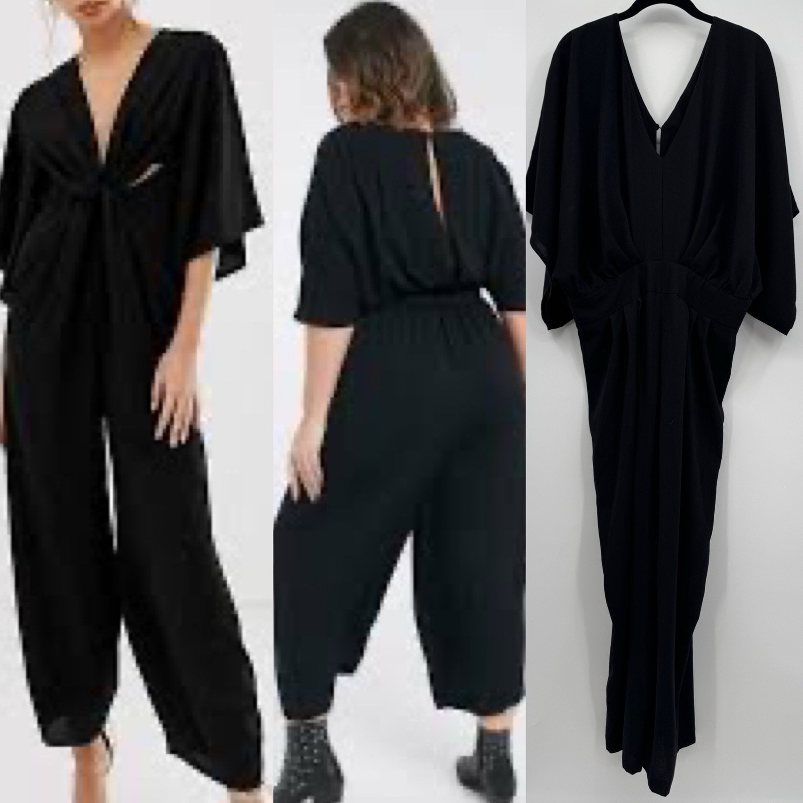 ASOS Jumpsuit Womens 14 Black Kimono Sleeve V-Neck Peg Leg Minimalist Party Date