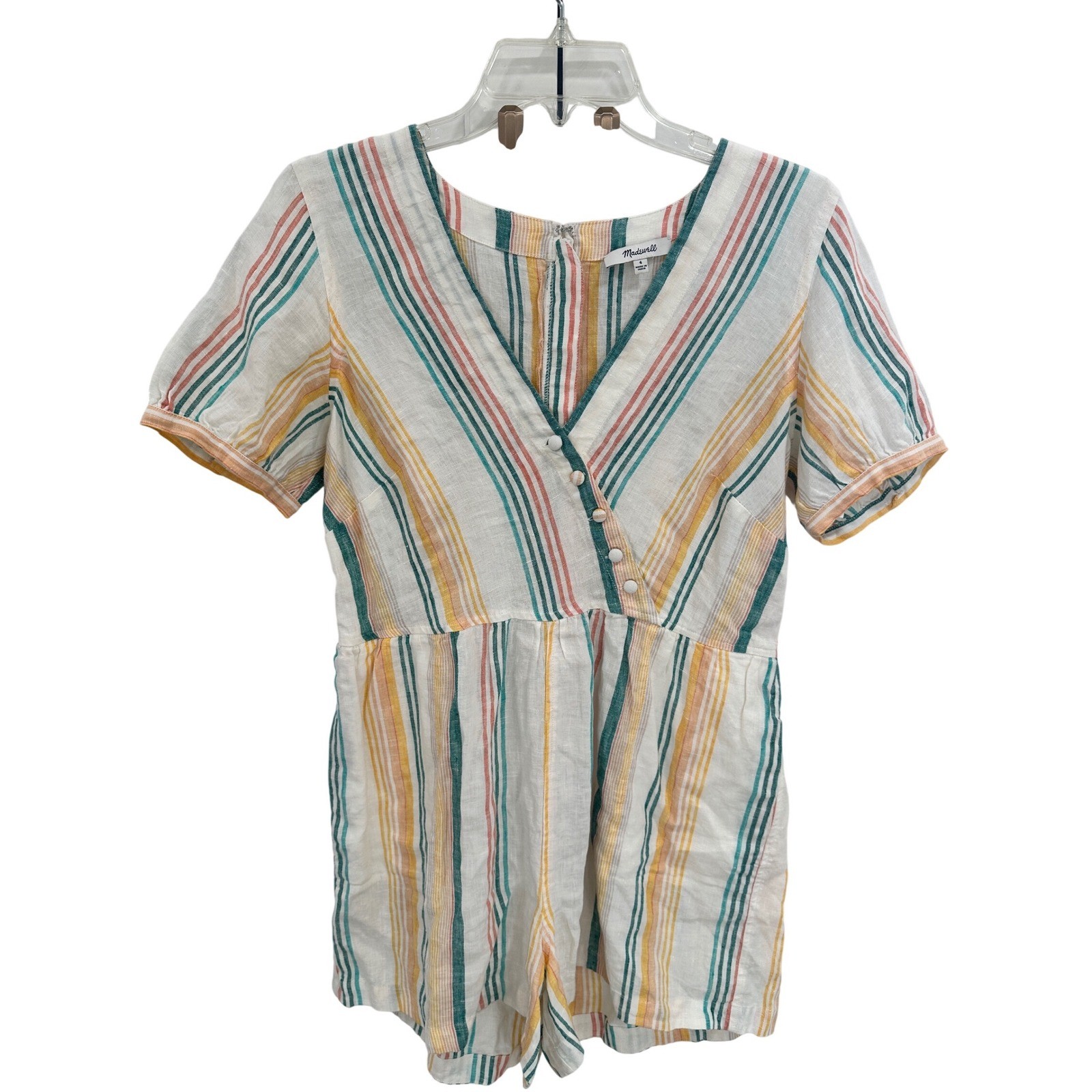 Madewell Linen Striped V-Neck Short Sleeve Romper Multi-Color Size 4