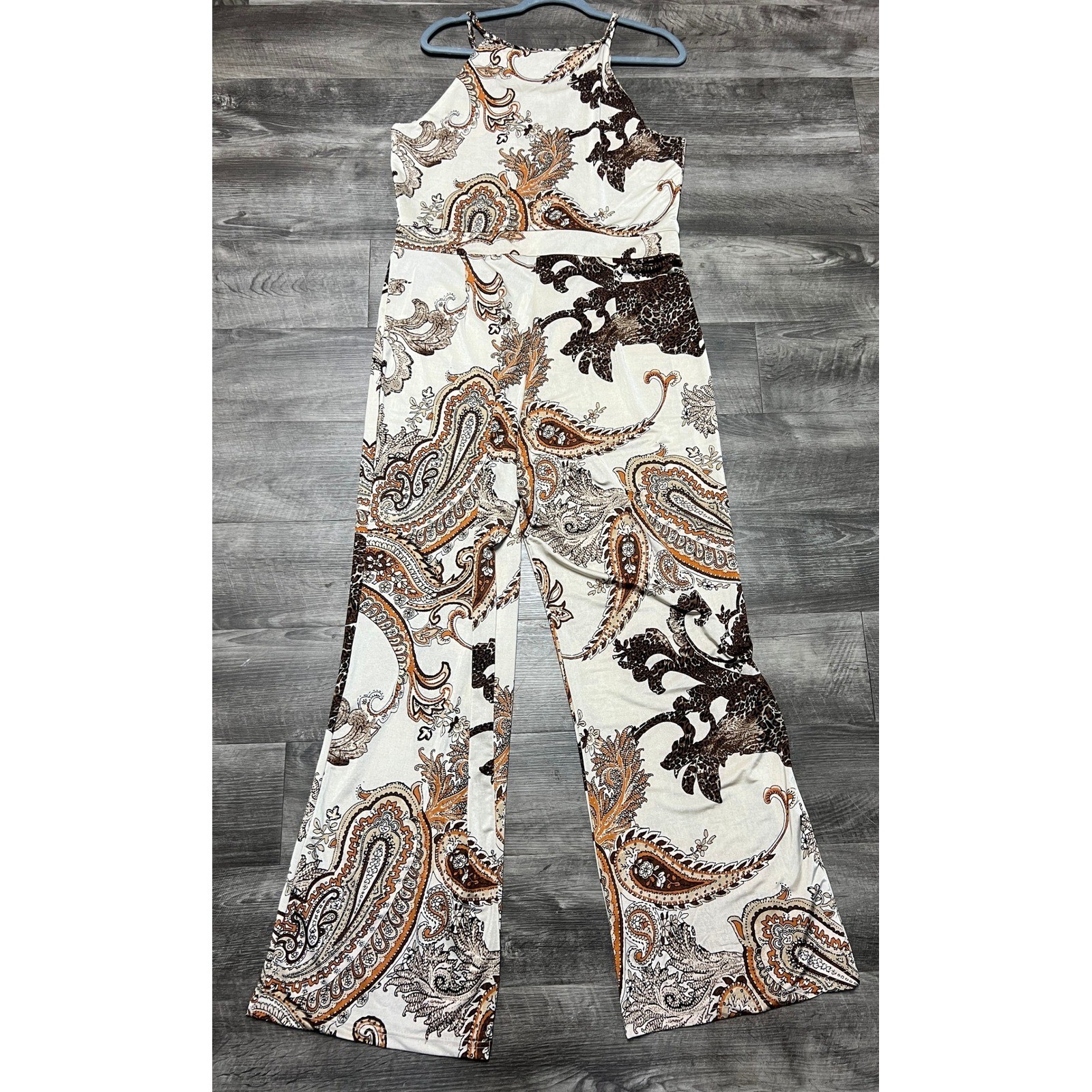 Venus Halter Jumpsuit Womens XL Paisley Leopard Print Wide Leg Tassel Mirror