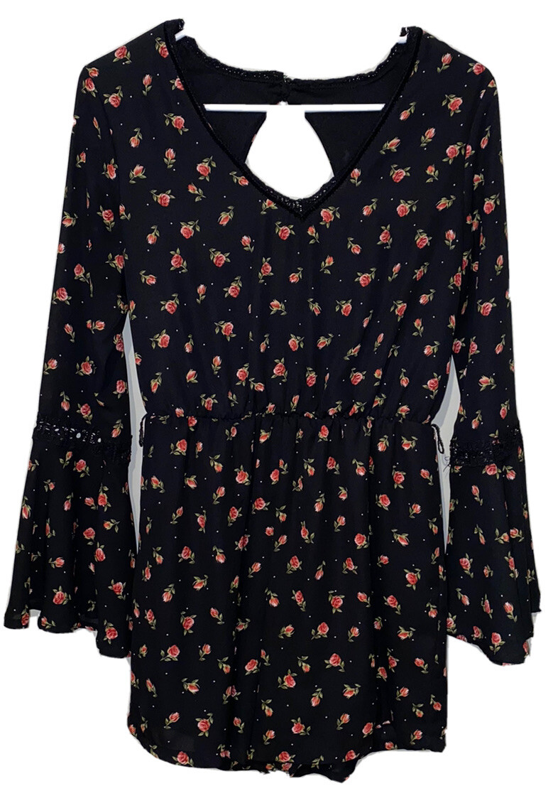 Disney Princess Size Small Shorts Romper, Black with Roses, Long Sleeve
