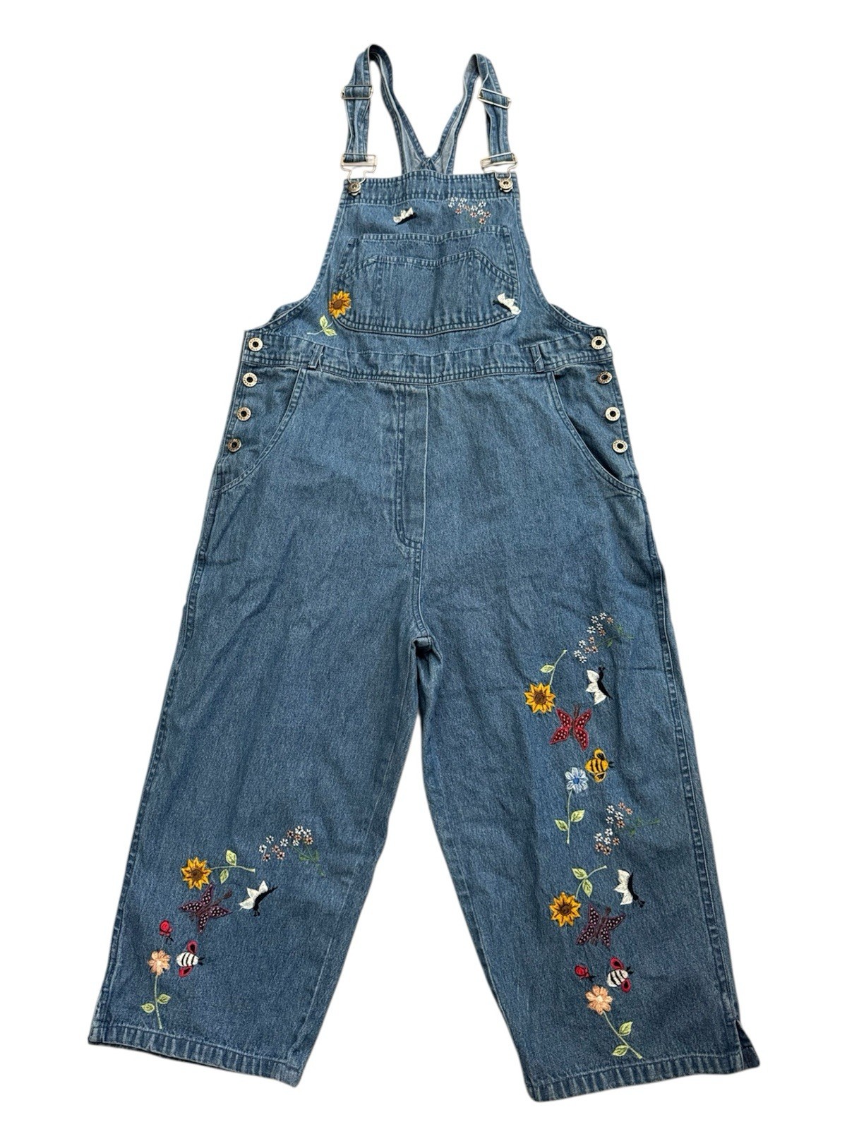 Vintage Y2K Agapo Denim Overalls Embroidered Floral Bees Butterfly Cropped M