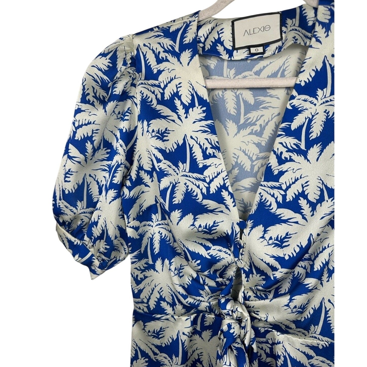 ALEXIS Avari Blue Palm Jumpsuit Size Small GUC Tropical Satin Blue and White