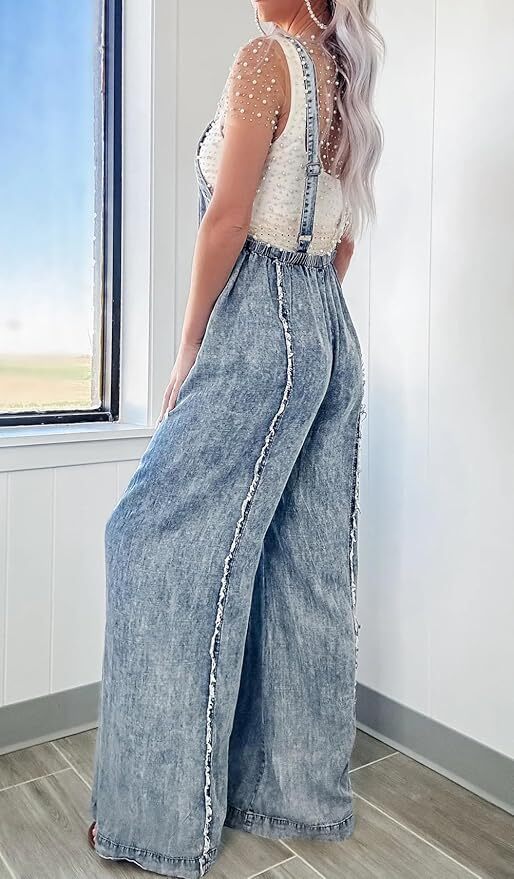 Women Loose Fit Denim Jumpsuit Adjustable Straps Wide Leg Long Pants Frayed Jean