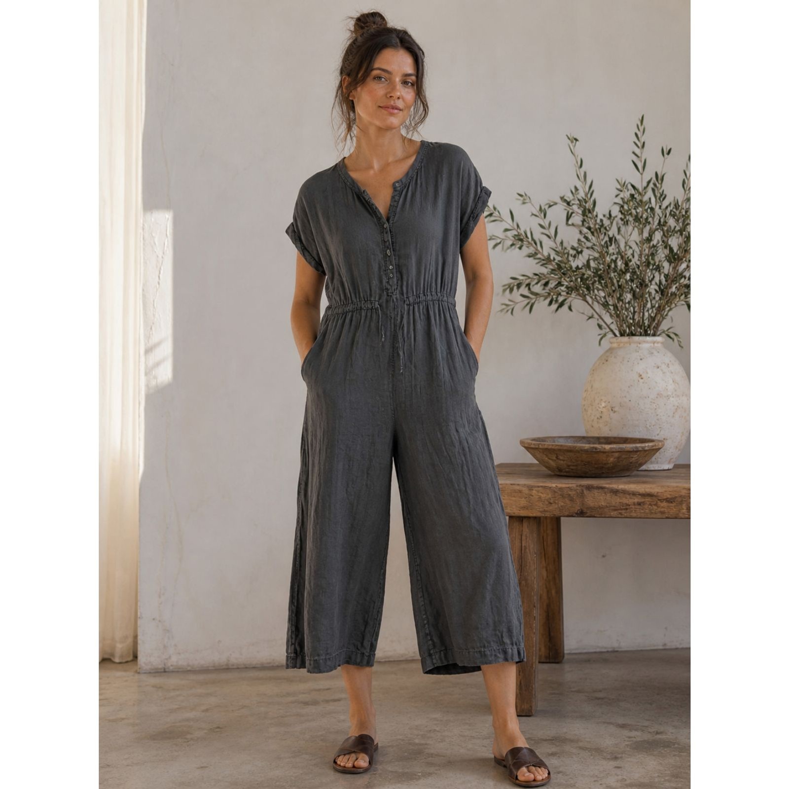 FLAX Gray 100% Linen Coveralls Overalls Jumpsuit Women’s Size Large