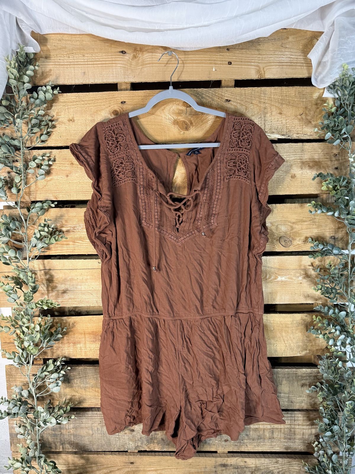 American Eagle Outfitters Brown Lace-Up Romper XXL