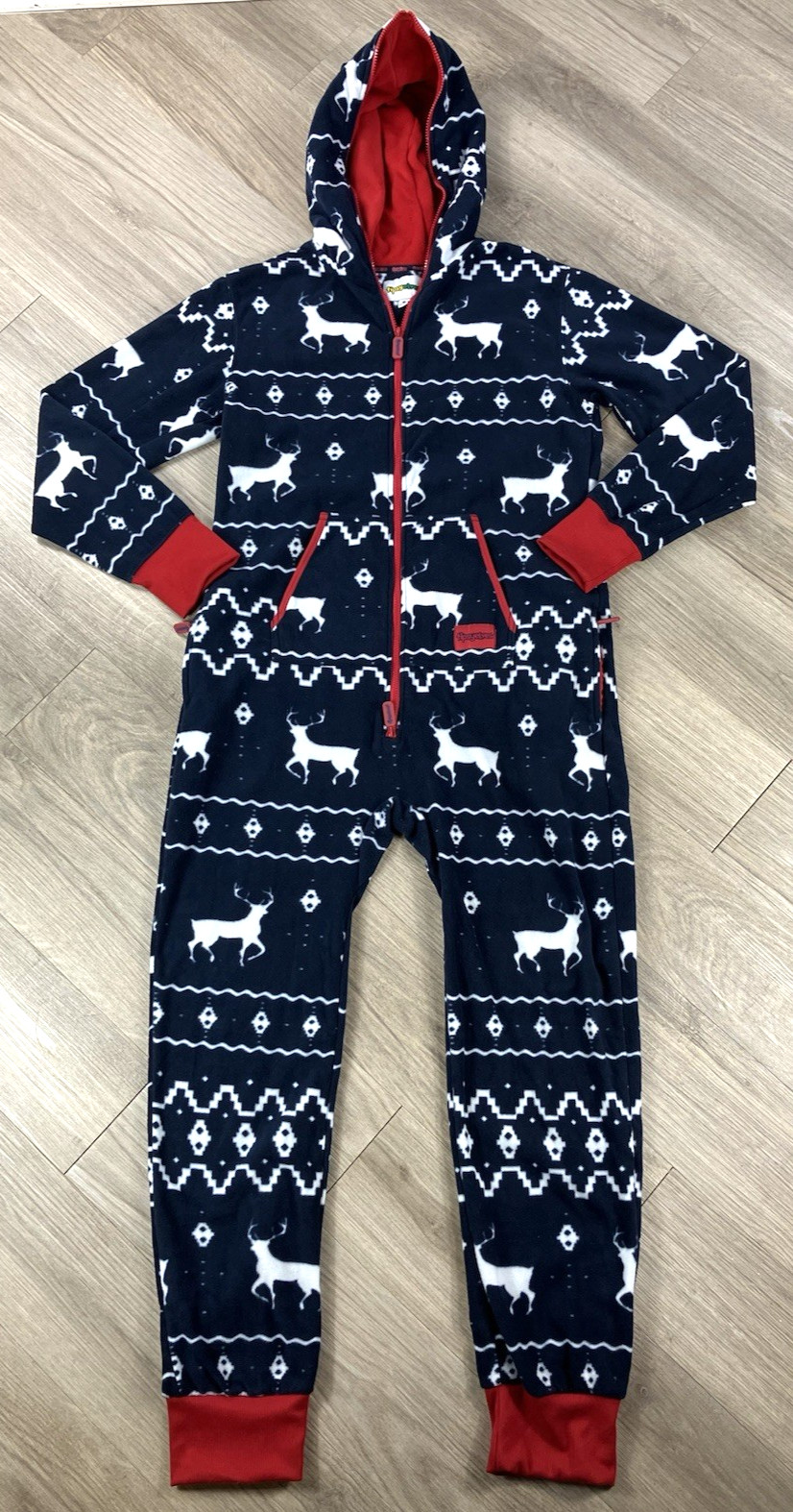 Tipsy Elves Blue and Red Reindeer Jumpsuit – Size Medium