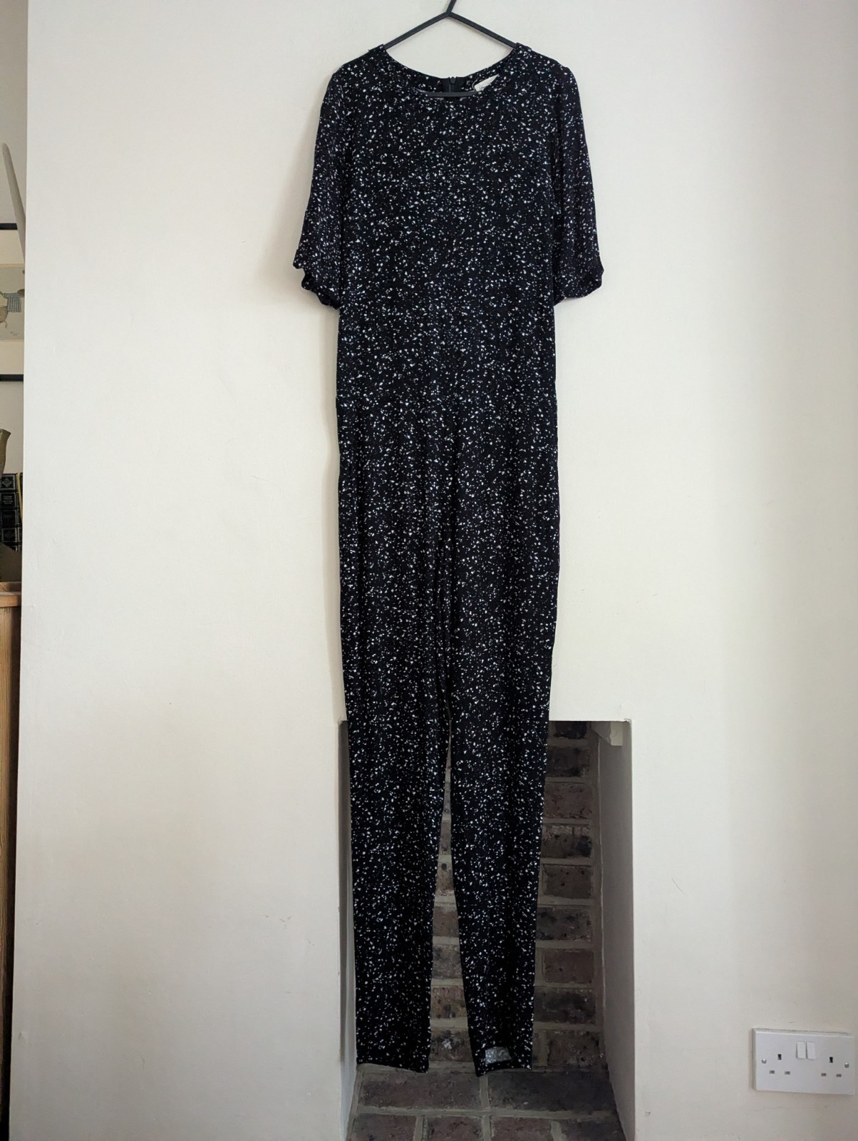 American Vintage Black White Speckled Jumpsuit Overalls S Viscose Short Sleeve
