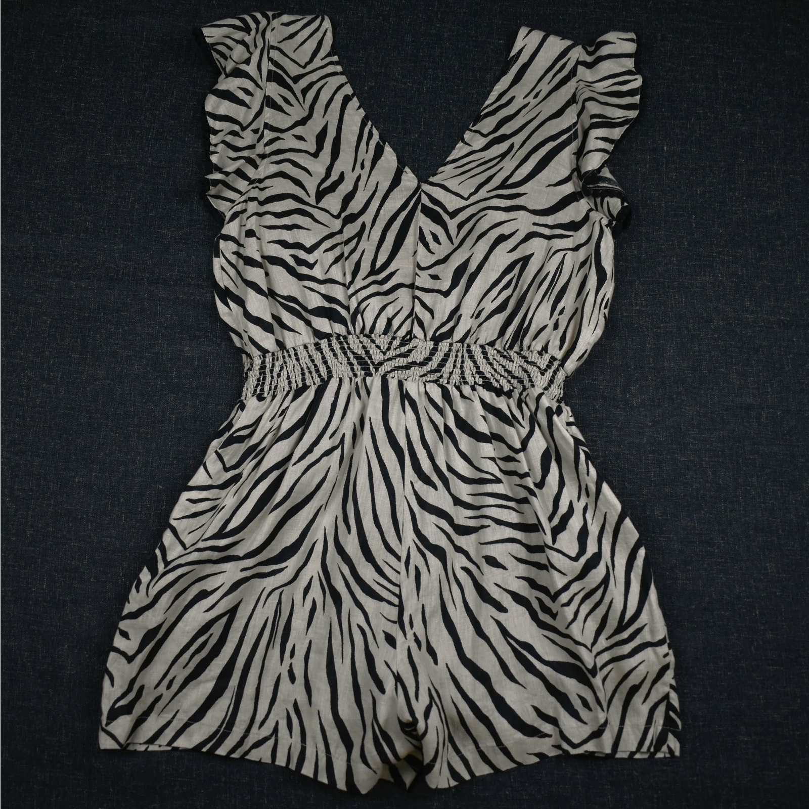 Linen Ruffle Romper Women’s XL Zebra Print Boho Beachy Coastal Summer Festival