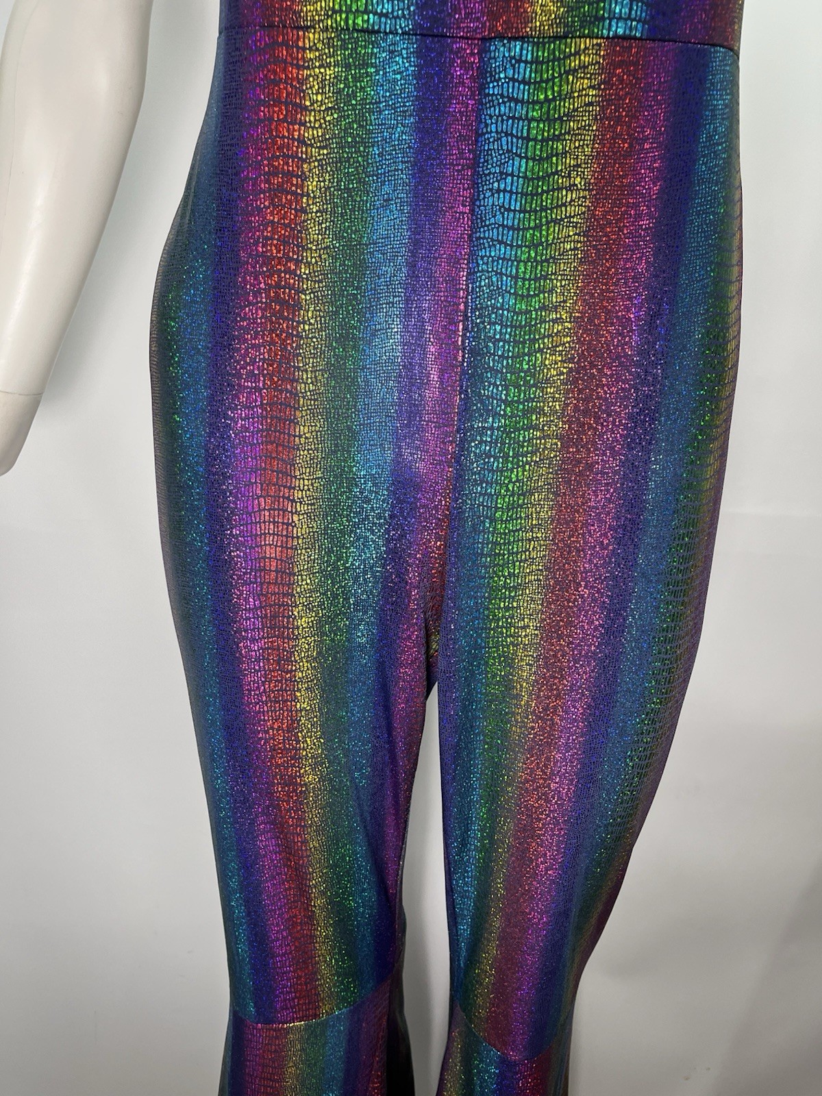 Rainbow Pride Jumpsuit Sz L Halter Bell Bottoms Iridescent Snake Print