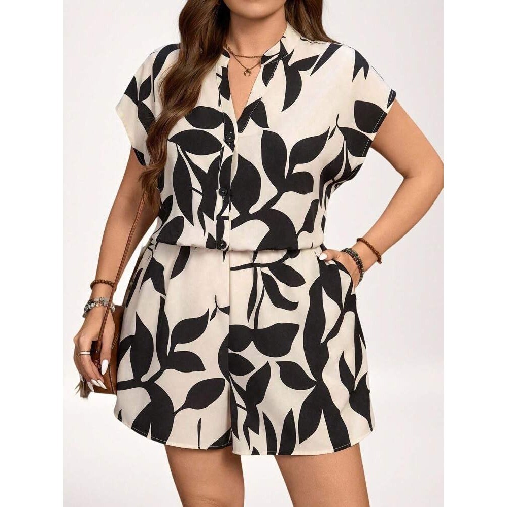 Emery Rose Leaf Print Romper Womens Blk Cream Floral Button Front Elastic Waist