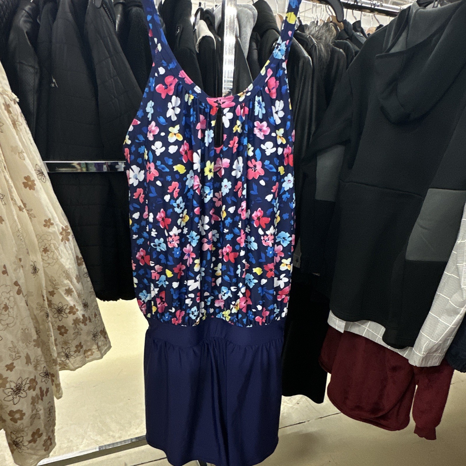 Bloomchic Plus 18-20 Blue Floral Sleeveless Romper Scoop Neck Elastic Waist