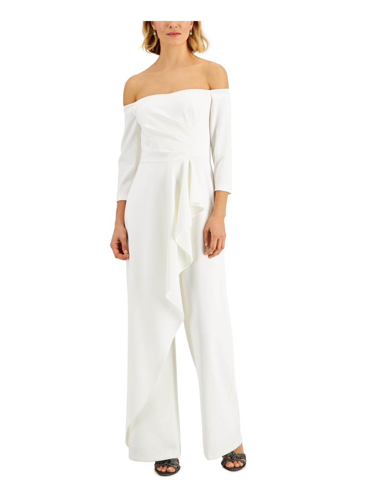 ADRIANNA PAPELL Womens White Drapped 3/4 Sleeve Off Wide Leg Jumpsuit 2