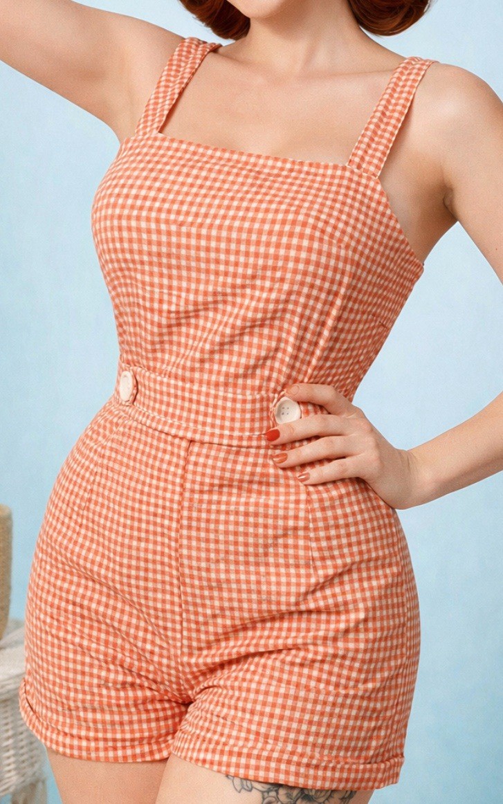 60s Style Pink White Gingham Barbie Playsuit Romper Medium Rockabilly Retro Gogo