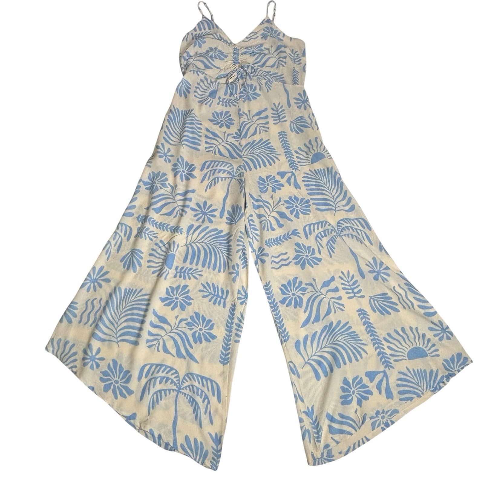 Japana Cream/Blue Ruched Tie Smocked Wide Leg Jumpsuit Fits L Casual Summer