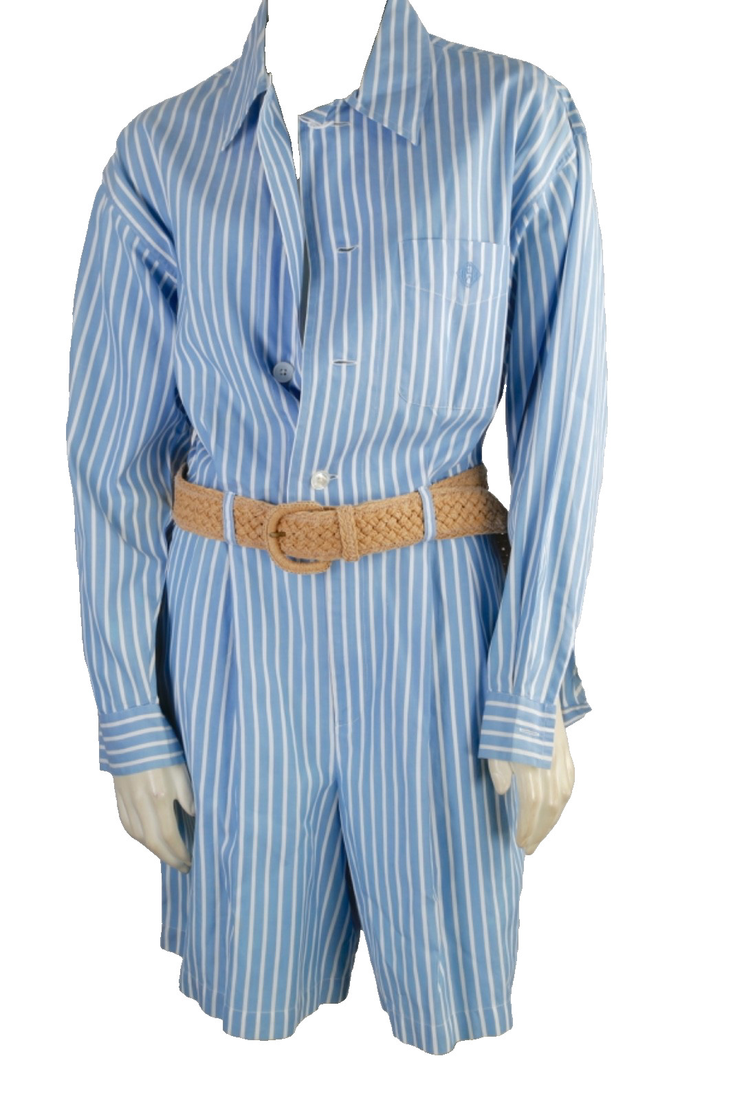 Vintage Ralph Lauren Romper 10 Blue White Striped Cotton Long Sleeve Shorts Jump