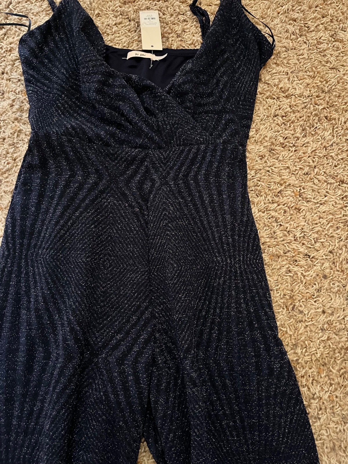 New Francesca’s Navy Blue Glitter Ribbed Wide Leg Jumpsuit Sz S