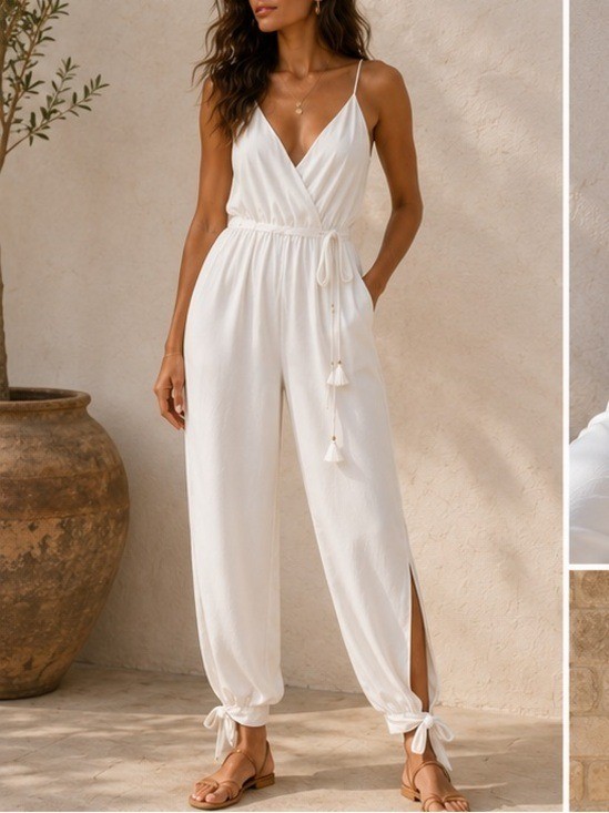 Lulu’s Lovely As Can Be White Satin Surplice Jumpsuit Excellent Size M