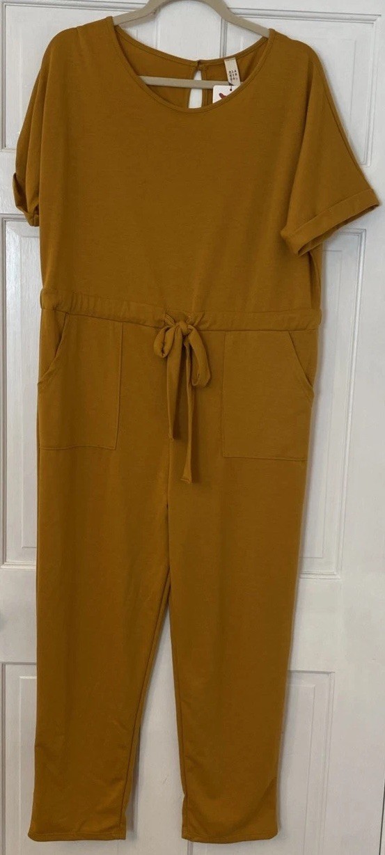 Fun NWT Perfectly Priscilla Mustard Soft Jumpsuit/Long Romper Wide Leg Size M