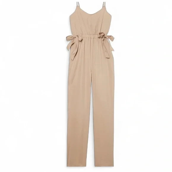 Women’s Terea Andrea Pitter NWT Size XL Tan Jumpsuit Snap Close Ties on Sides