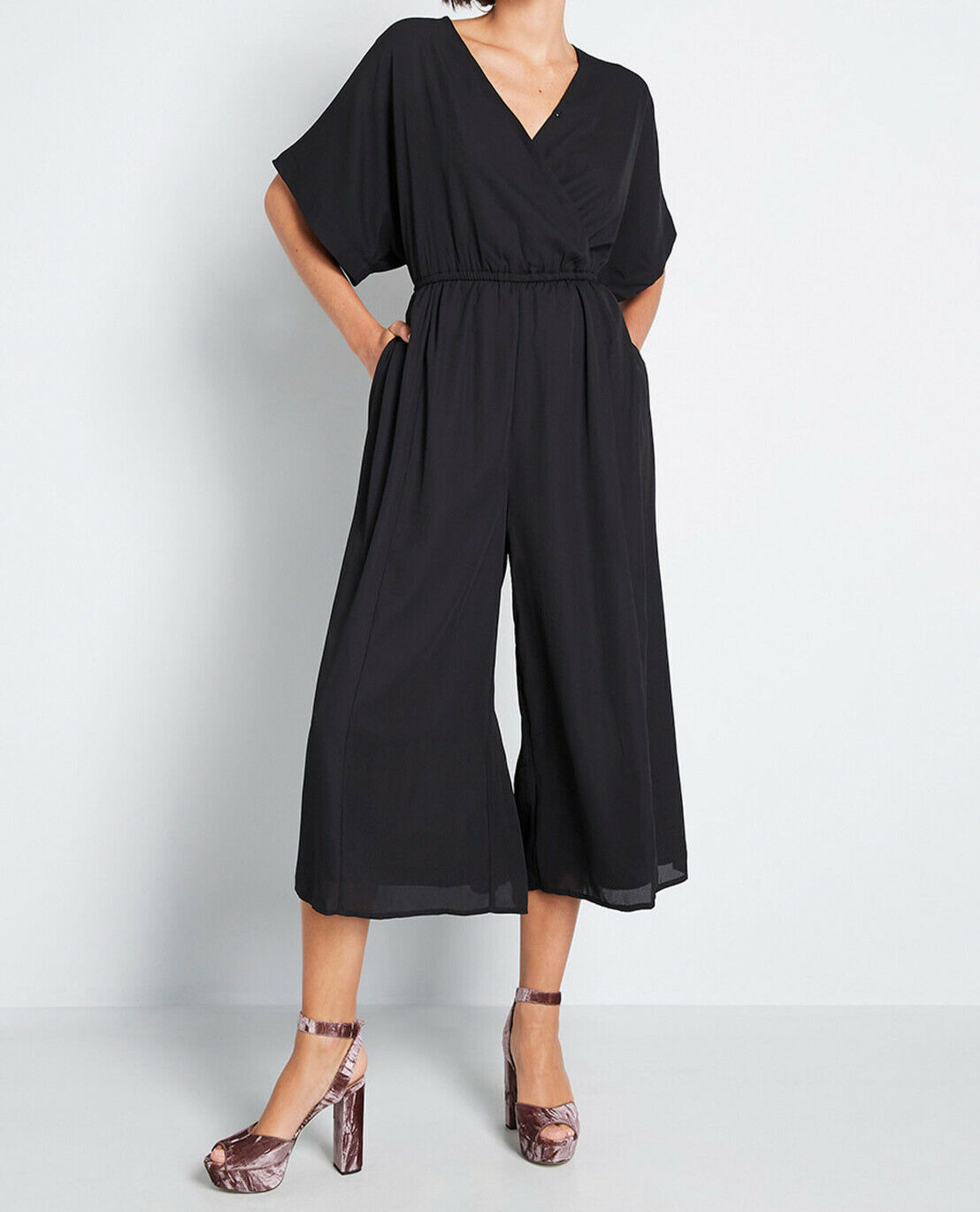Modcloth Arrive and Thrive Wide-Leg Jumpsuit Black XS Pockets Tie Back $89 NWT