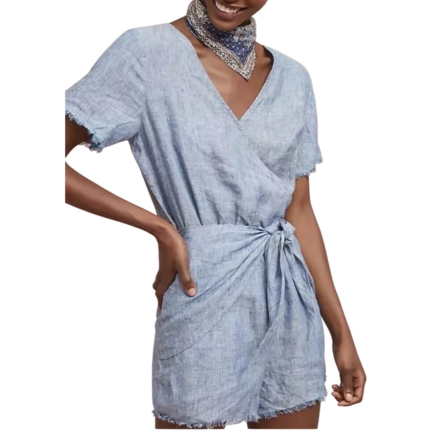 SANCTUARY X ANTHROPOLOGIE 100% Linen Tie Front Romper Blue Size X-small