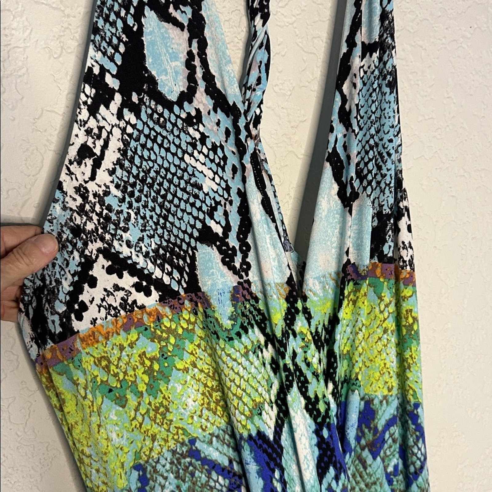 Hale Bob Sienna Halter Snakeskin Jumpsuit Snake Resortwear 70s Party Blue Green